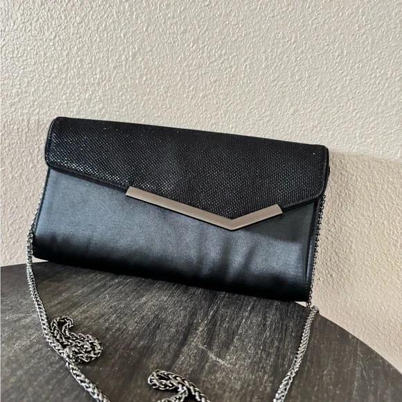 White House Black Market Black Satin Clutch with Chain - Picture 2 of 4